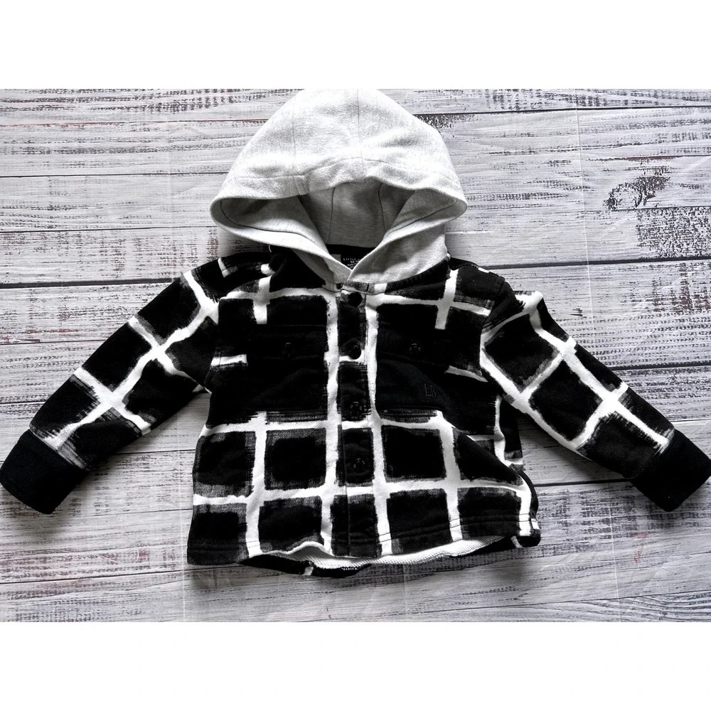 Little Bipsy Hooded Button Down Kids Black White Grid French Terry 12-18M